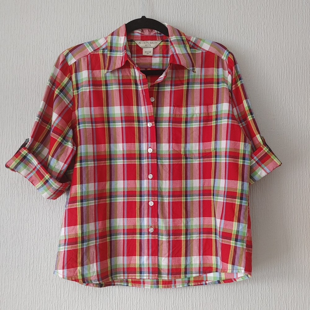 Allison Daley Plaid Blouse Roll Up Sleeve Size 6P